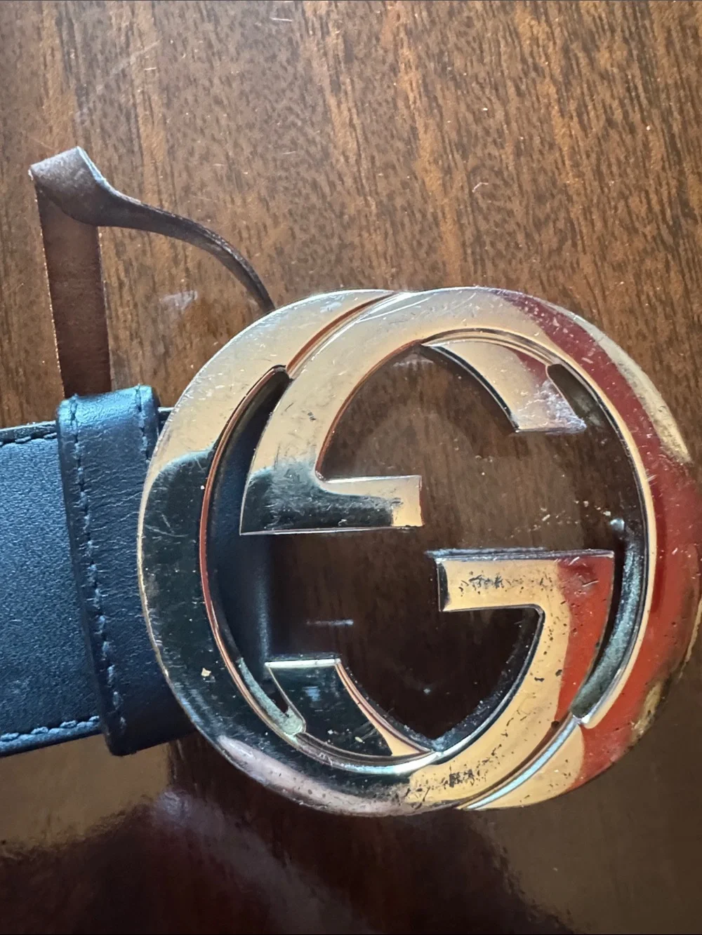 Gucci Navy and Red Web Stripe Belt with Gold Double G Buckle